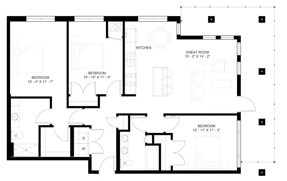 Floor plan for 3 beds, 2 baths, 1409 sqft